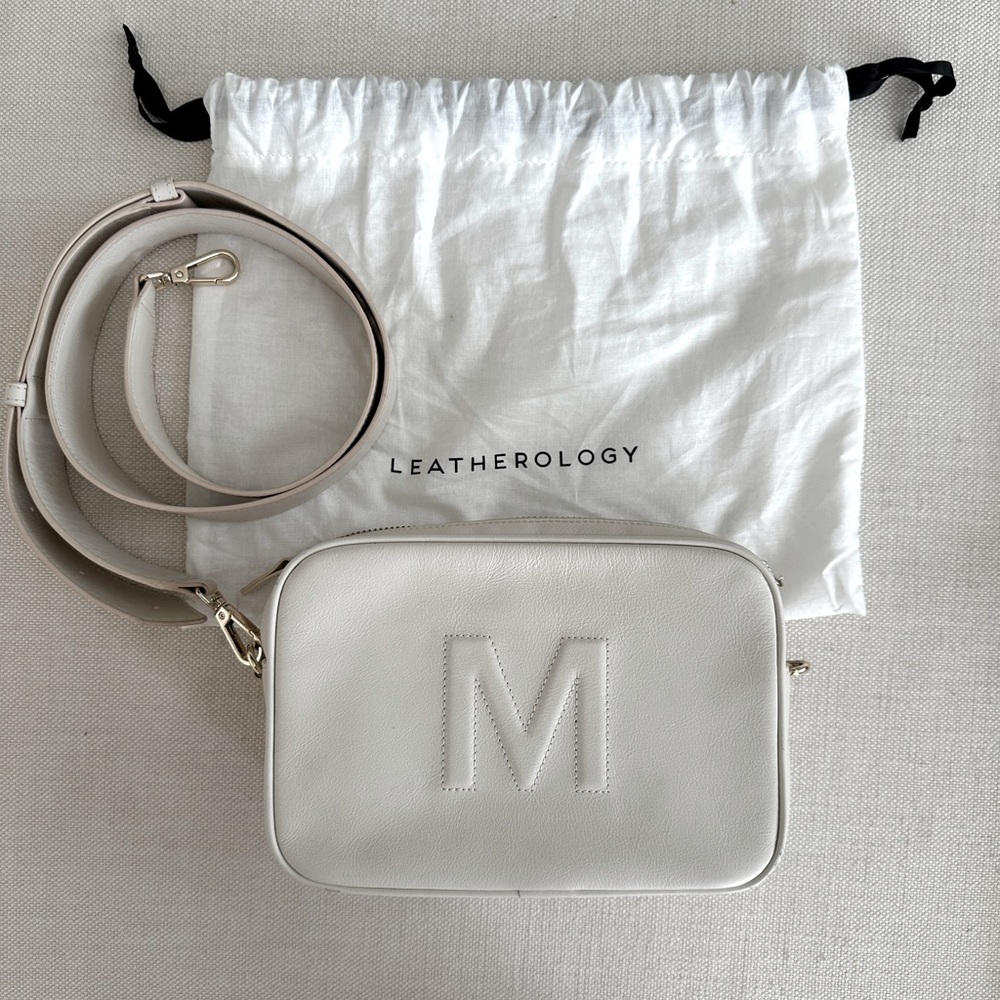 Leatherology Double Zip Crossbody, Premium Leather, Ivory, Light Gold Hardware